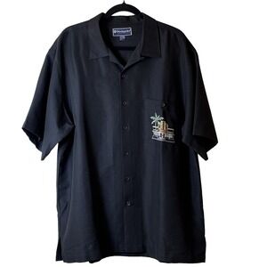 Cabana Camp Shirt Men Large Black Embroidered South Beach Miami Club Weekender